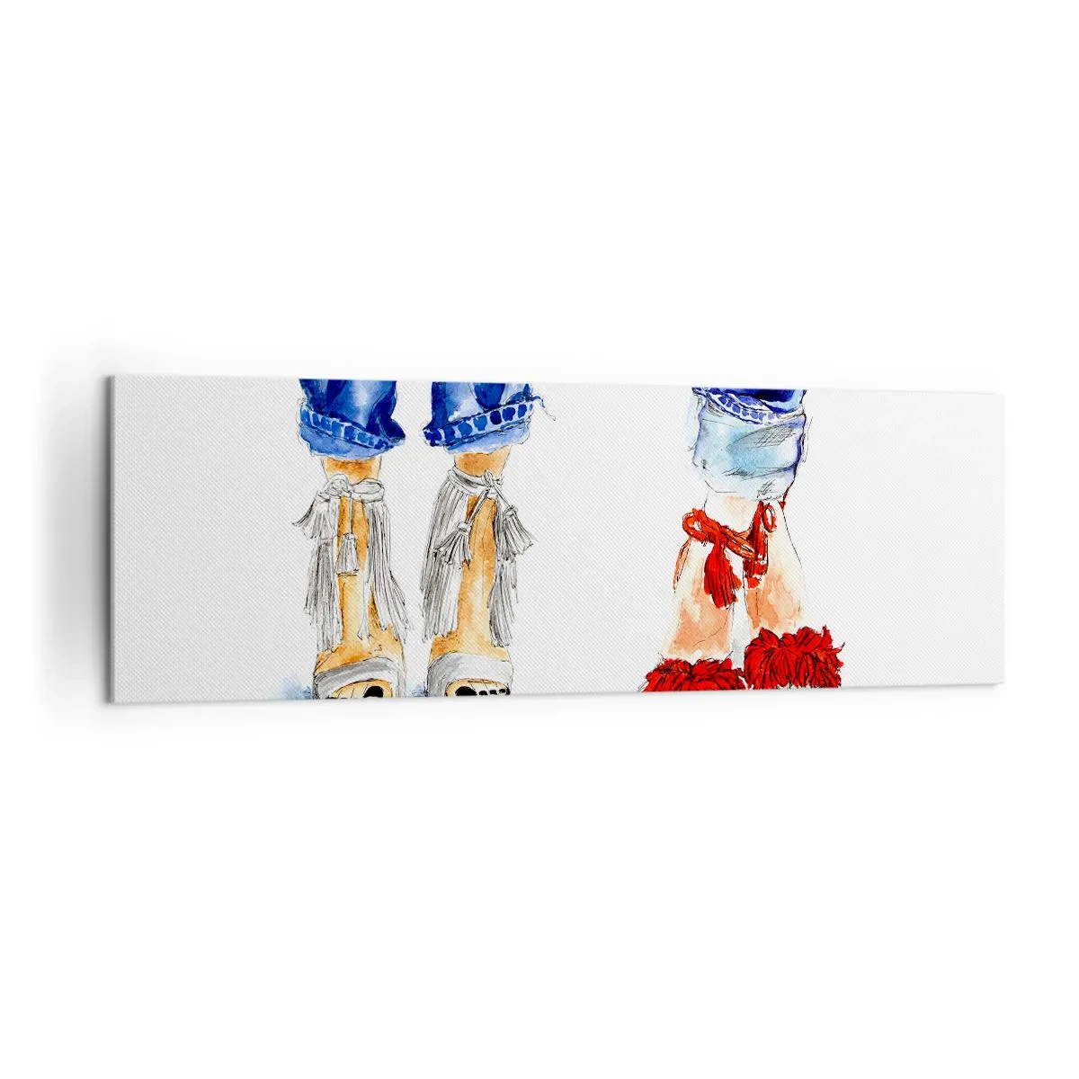 Obraz na płótnie - Ilustracja dwóch par butów w stylowych sandałach i dżinsach - 160x50cm - Może pójdziemy na spacer? - Nowoczesna dekoracja ścienna do salonu i sypialni ARTTOR