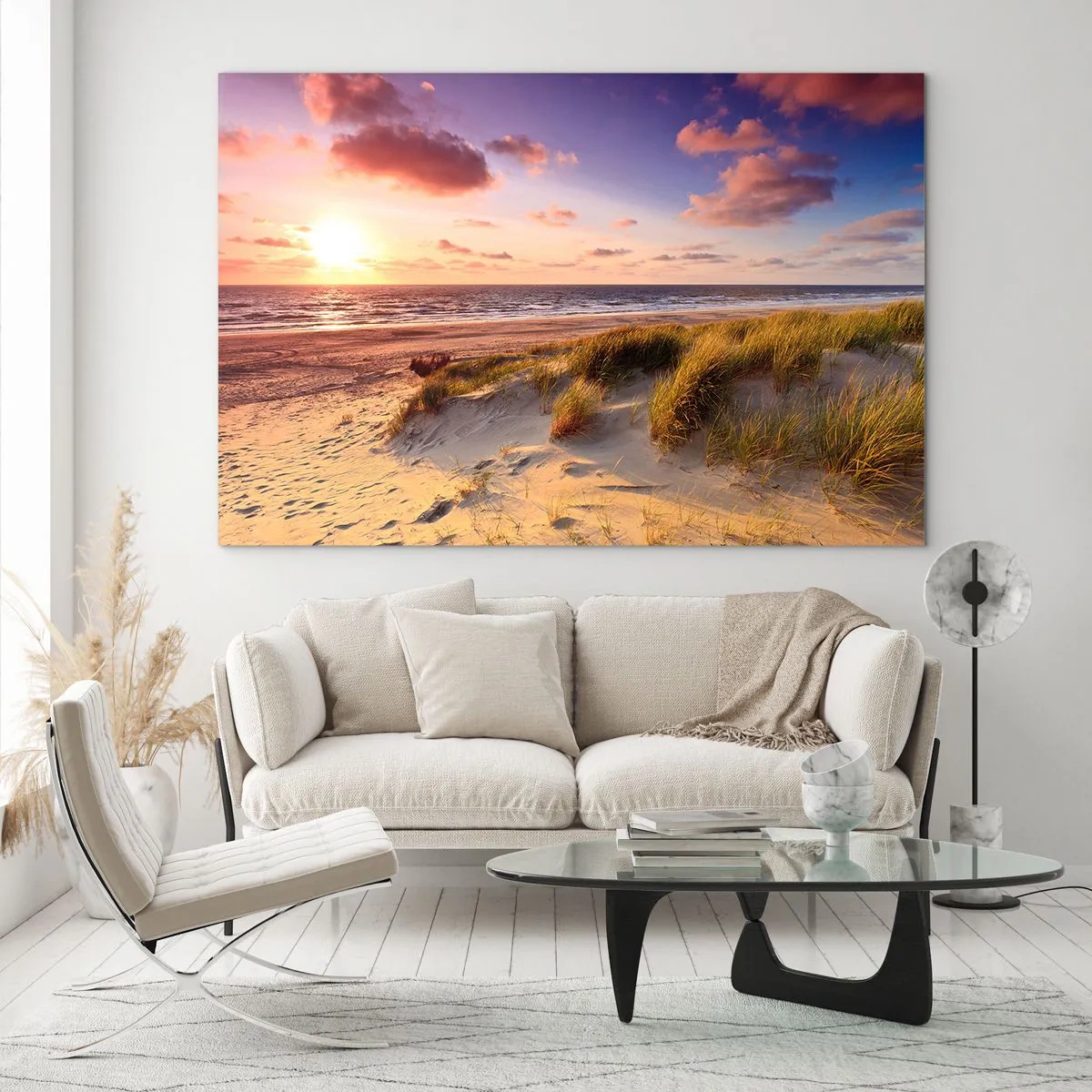 Obraz na szkle - Plaża z wydmami o zachodzie słońca - 70x50cm - Już latem pachnie powietrze - Nowoczesna dekoracja ścienna do salonu i sypialni ARTTOR