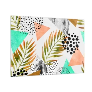 Obraz na szkle - Geometryczne kształty i liście w pastelowych kolorach - 100x70cm - Dekoracja z palmowym liściem - Nowoczesna dekoracja ścienna do salonu, kuchni i sypialni ARTTOR