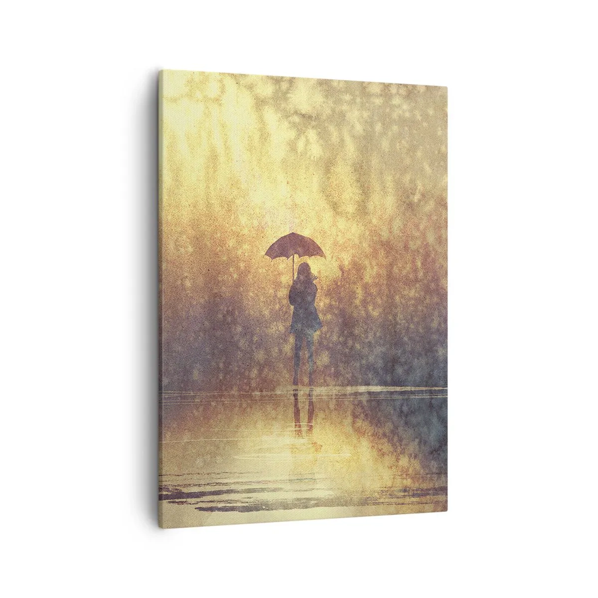 Obraz na płótnie - Sylwetka kobiety z parasolem otoczona mglistym, złocistym światłem - 50x70cm - Czuję, że ktoś na mnie patrzy - Nowoczesna dekoracja ścienna do salonu, kuchni i sypialni ARTTOR