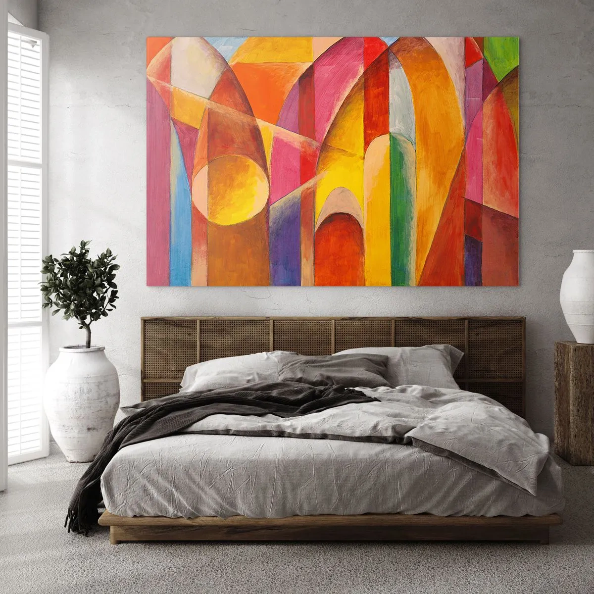 Obraz na szkle - Kolorowa abstrakcja z geometrycznymi kształtami - 70x50cm - Katedra słońca - Nowoczesna dekoracja ścienna do salonu i sypialni ARTTOR