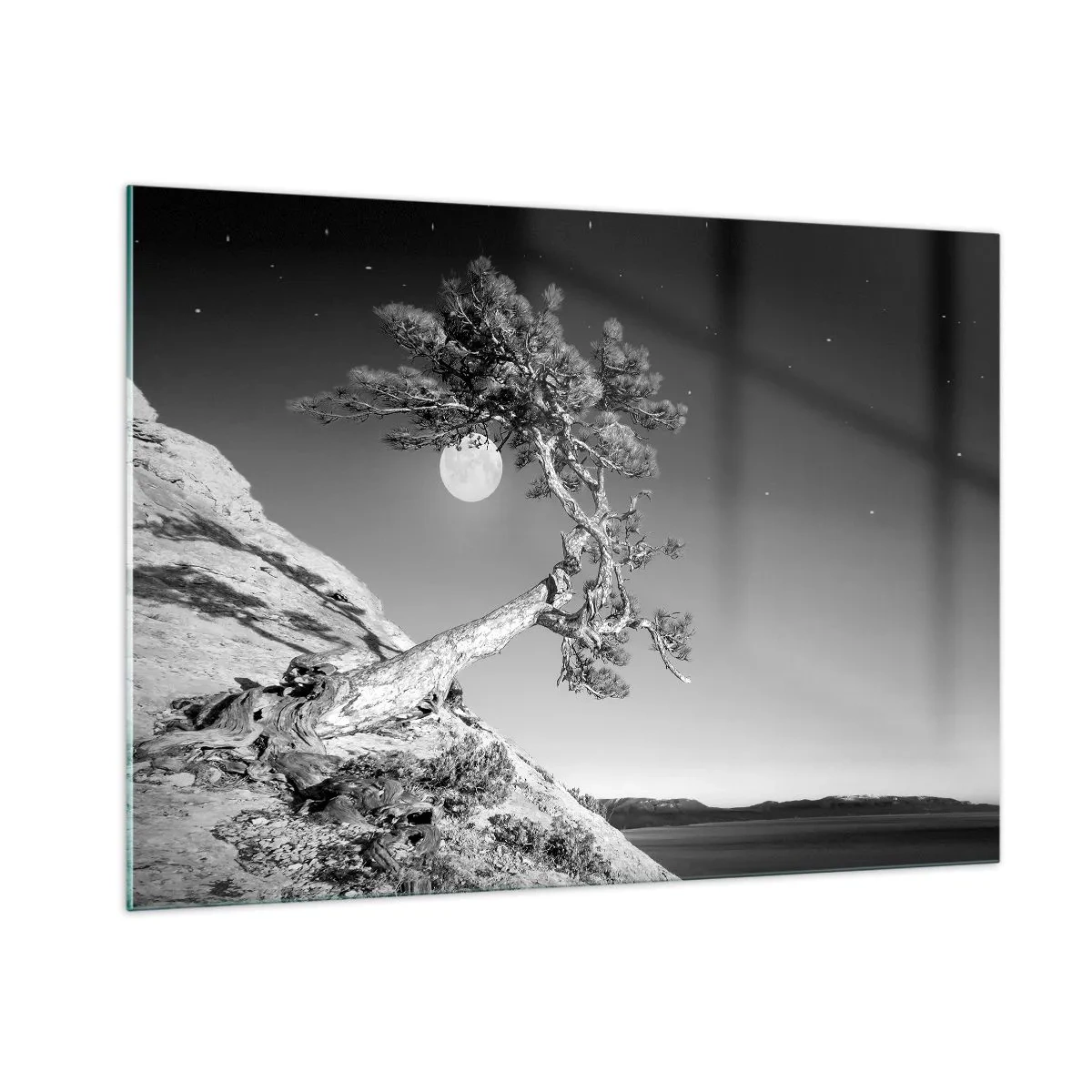 Obraz na szkle - Pochylone drzewo na zboczu z księżycem w tle - 100x70cm - Zwycięska wojowniczka - Nowoczesna dekoracja ścienna do salonu, kuchni i sypialni ARTTOR