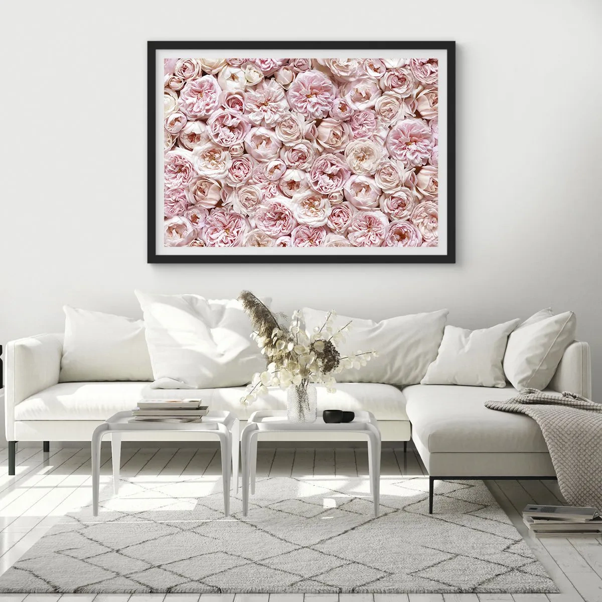 Plakat w czarnej ramie - Delikatne róże w odcieniach różu na całej powierzchni - 70x50cm - Usłane różami - Nowoczesna dekoracja ścienna do salonu i sypialni ARTTOR