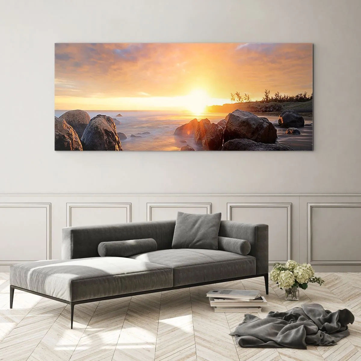 Obraz na szkle - Zachód słońca nad kamienistym wybrzeżem - 120x50cm - Świetlista bryza wieczoru - Nowoczesna dekoracja ścienna do salonu i sypialni ARTTOR