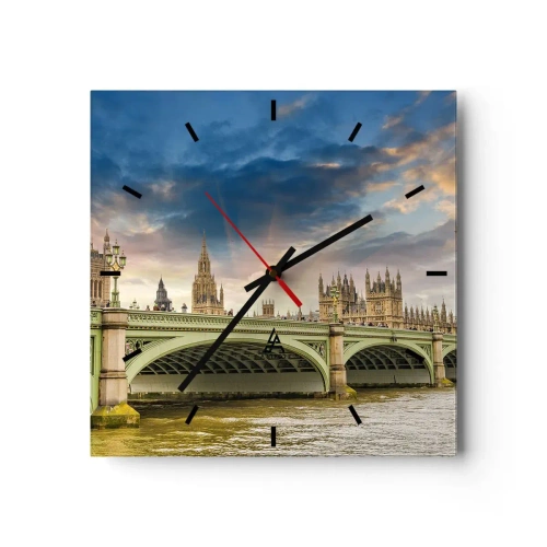 Zegar ścienny - Big Ben i Westminster Bridge na tle nieba o zmierzchu - 30x30cm - Czas stanął w Imperium - Nowoczesna dekoracja ścienna do salonu i sypialni ARTTOR