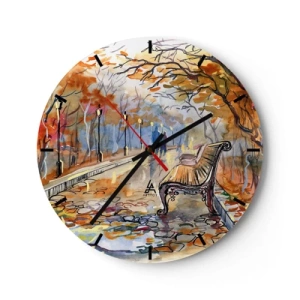 Zegar ścienny - Jesienny park z ławką w akwarelowym stylu - 30x30cm - Razem powędrować w jesień - Nowoczesna dekoracja ścienna do salonu, kuchni i sypialni ARTTOR