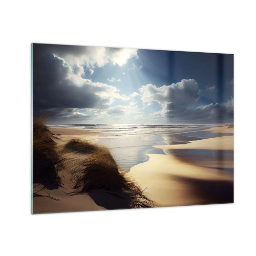 Obraz na szkle - Dzika plaża oświetlona promieniami słońca spod chmur - 70x50cm - Plaża, dzika plaża - Nowoczesna dekoracja ścienna do salonu i sypialni ARTTOR