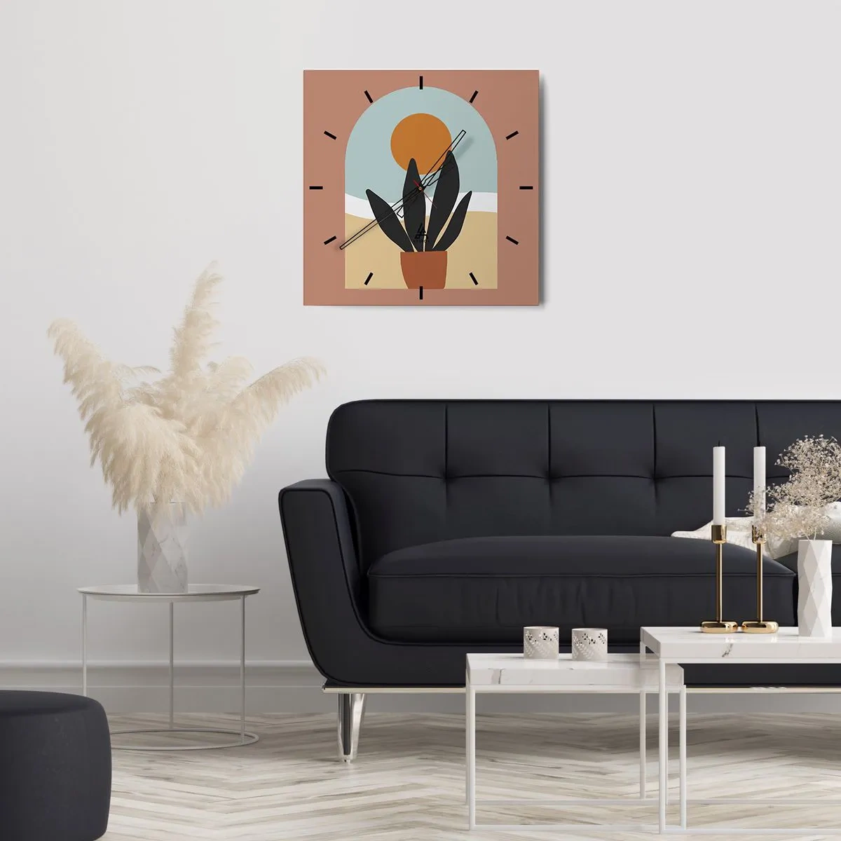 Zegar ścienny - Czarna roślina w doniczce na tle słońca - 30x30cm - Drobne radości - Nowoczesna dekoracja ścienna do salonu i sypialni ARTTOR