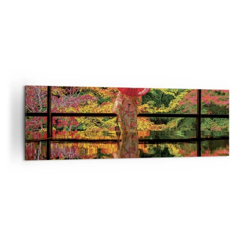 Obraz na płótnie - Kobieta w kimonie z parasolem na tle jesiennego krajobrazu - 160x50cm - W świątyni natury - Nowoczesna dekoracja ścienna do salonu i sypialni ARTTOR
