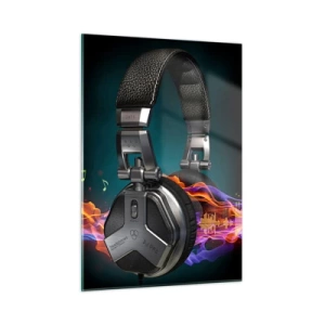 Obraz na szkle - Słuchawki DJ z kolorowymi falami dźwięku i nutami - 50x70cm - W ogniu  muzyki - Nowoczesna dekoracja ścienna do salonu, kuchni i sypialni ARTTOR