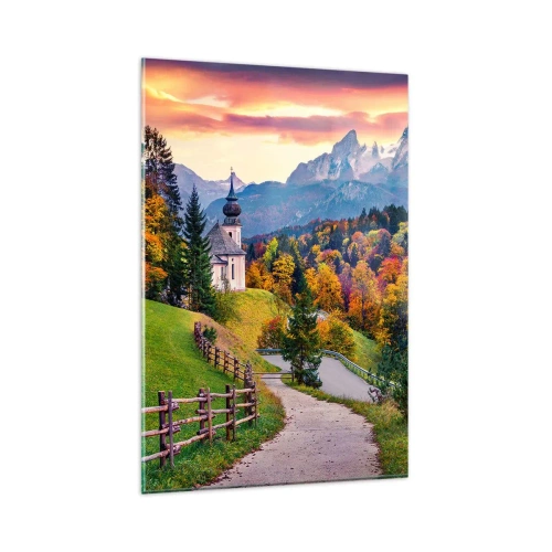 Obraz na szkle - Jesienna górska sceneria z kapliczką i zachodem słońca - 80x120cm - Pejzaż jak malowanie - Nowoczesna dekoracja ścienna do salonu i sypialni ARTTOR