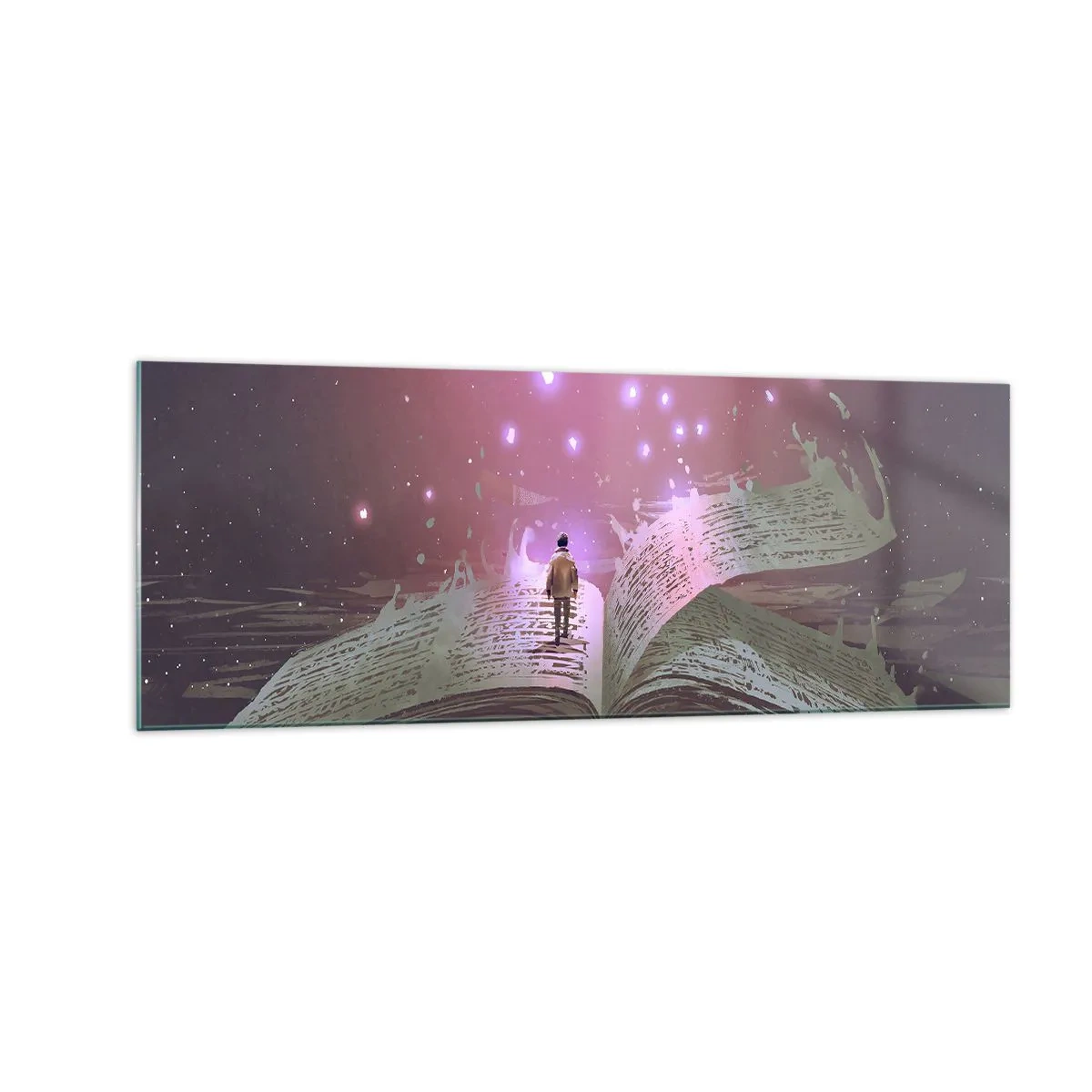Obraz na szkle - Postać wchodząca na otwartą książkę w magicznym świetle - 140x50cm - Zaproszenie do innego świata - przeczytaj! - Nowoczesna dekoracja ścienna do salonu i sypialni ARTTOR