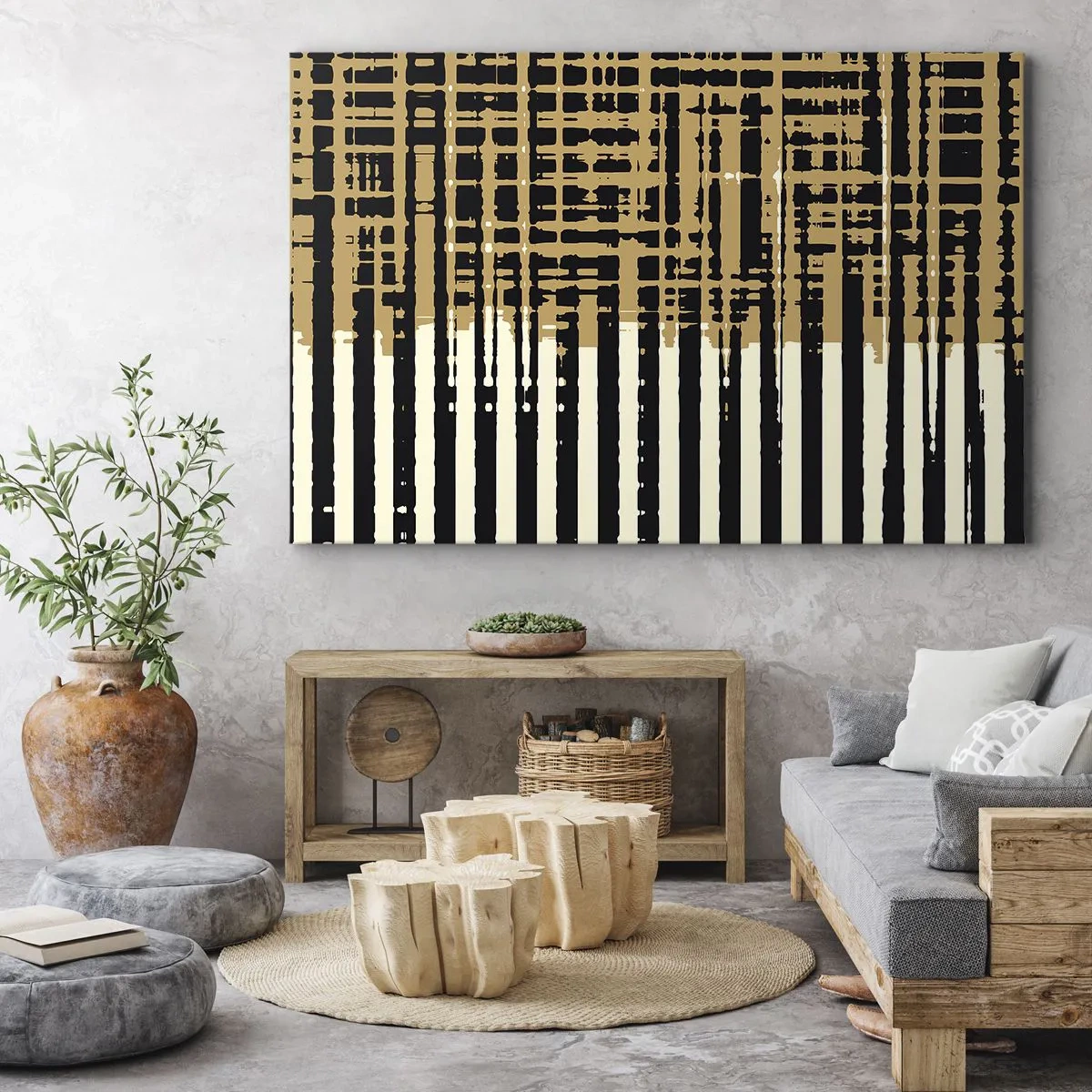 Obraz na płótnie - Abstrakcyjne linie w kolorach czerni, beżu i bieli - 70x50cm - Architektoniczna abstrakcja - Nowoczesna dekoracja ścienna do salonu i sypialni ARTTOR