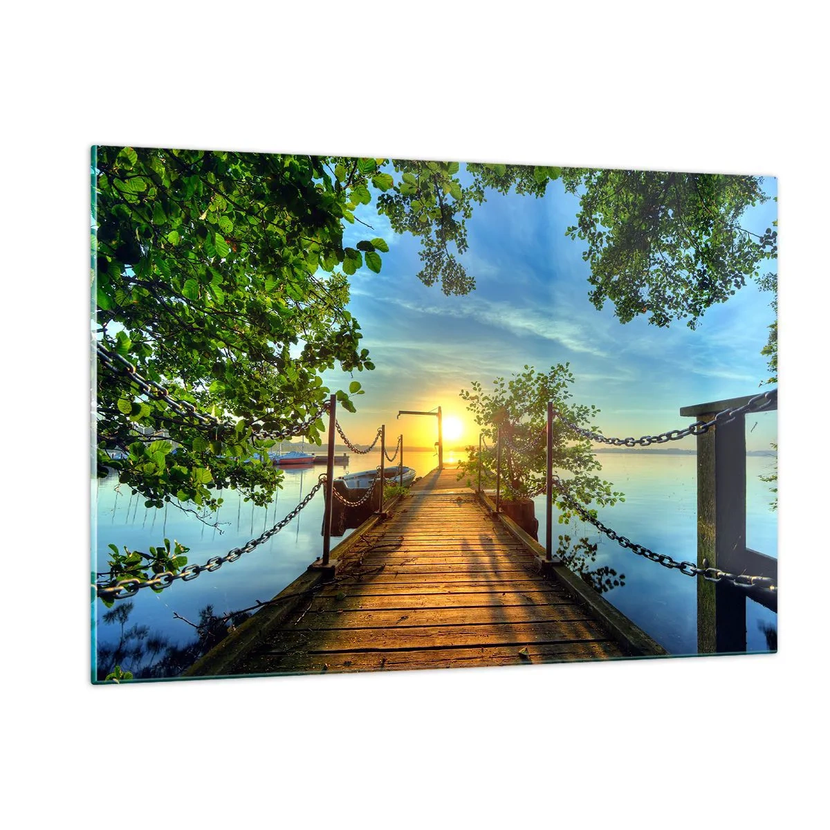 Obraz na szkle - Pomost z widokiem na zachód słońca nad jeziorem - 120x80cm - Zachód nad wodą - Nowoczesna dekoracja ścienna do salonu, kuchni i sypialni ARTTOR