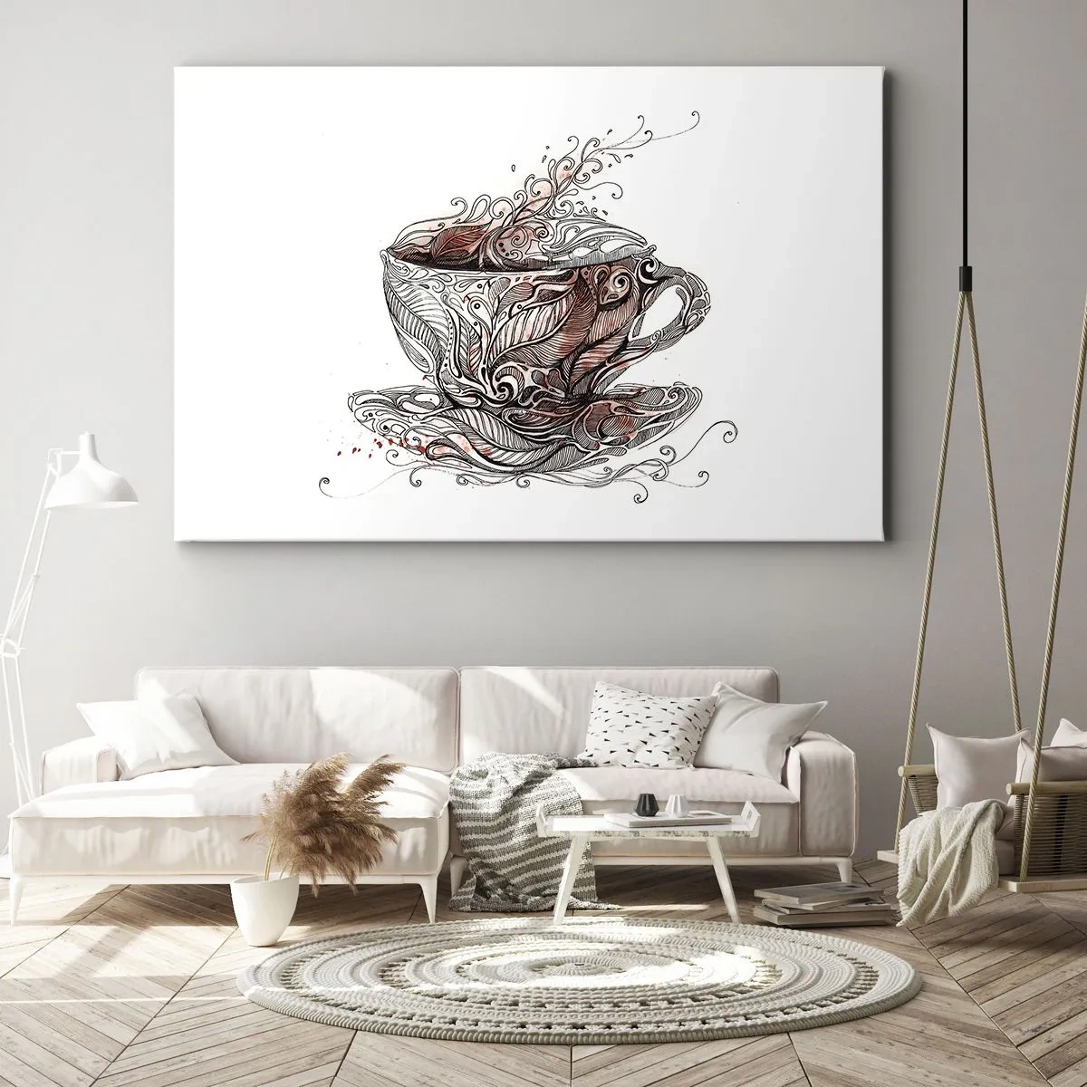 Obraz na płótnie - Dekoracyjna filiżanka z kawą o artystycznym wzorze - 70x50cm - Herbata dobra na wszystko - Nowoczesna dekoracja ścienna do salonu i sypialni ARTTOR