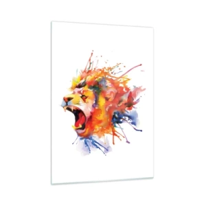 Obraz na szkle - Kolorowy lew w akwarelowym stylu na białym tle - 50x70cm - Wybuchnąć gniewem  - Nowoczesna dekoracja ścienna do salonu, kuchni i sypialni ARTTOR