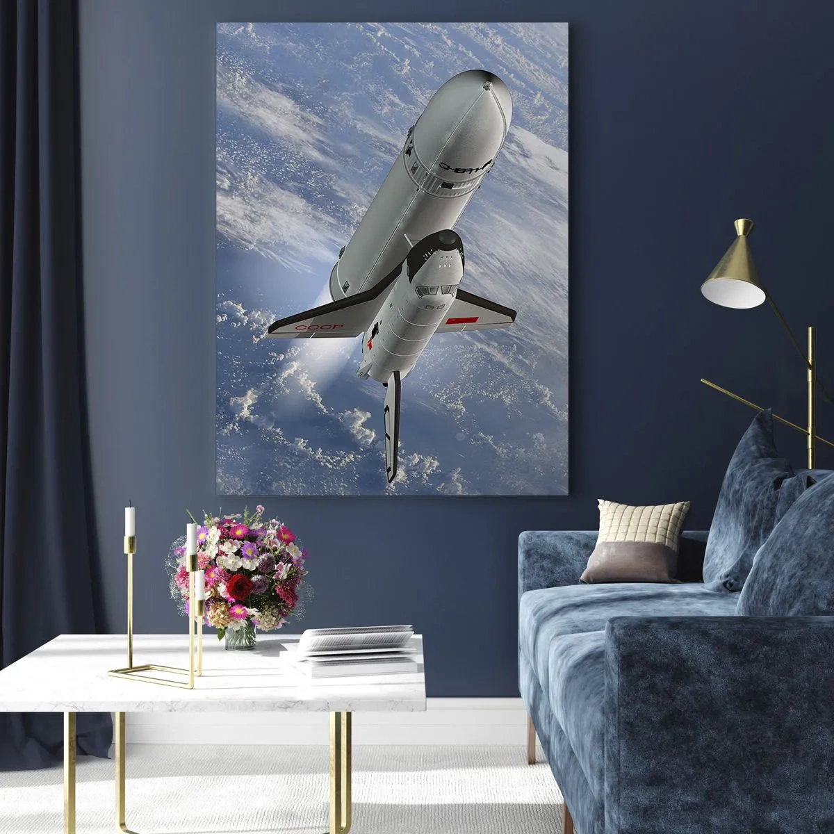 Obraz na szkle - Prom kosmiczny startujący na tle Ziemi w przestrzeni kosmicznej - 50x70cm - Kosmiczne wniebowstąpienie - Nowoczesna dekoracja ścienna do salonu, kuchni i sypialni ARTTOR