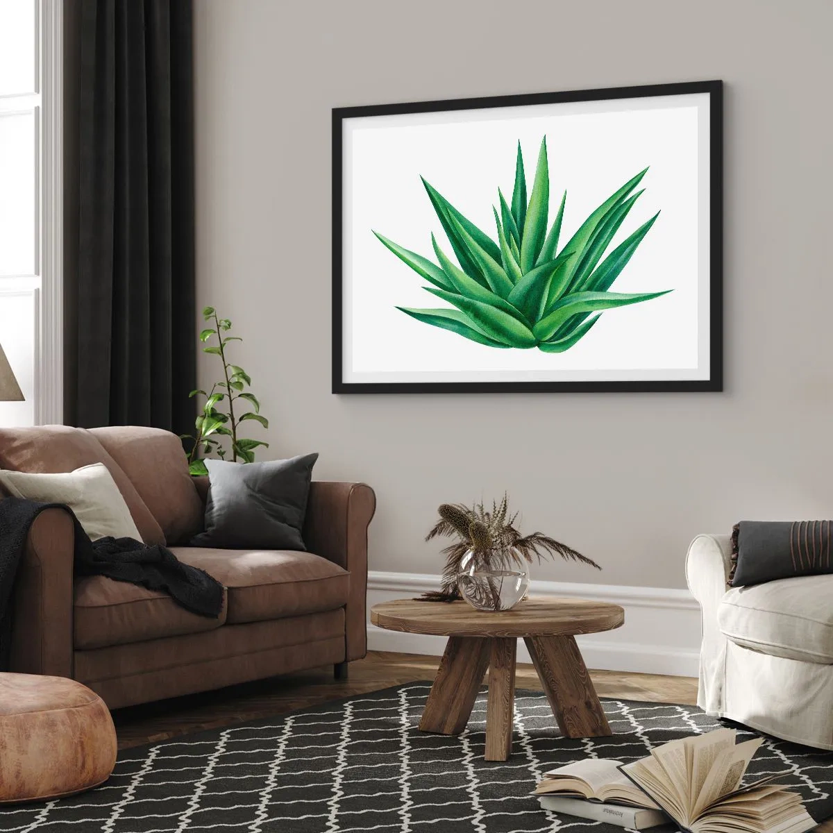 Plakat w czarnej ramie - Soczysta zielona roślina na białym tle - 70x50cm - Zieleń – siła – życie - Nowoczesna dekoracja ścienna do salonu i sypialni ARTTOR