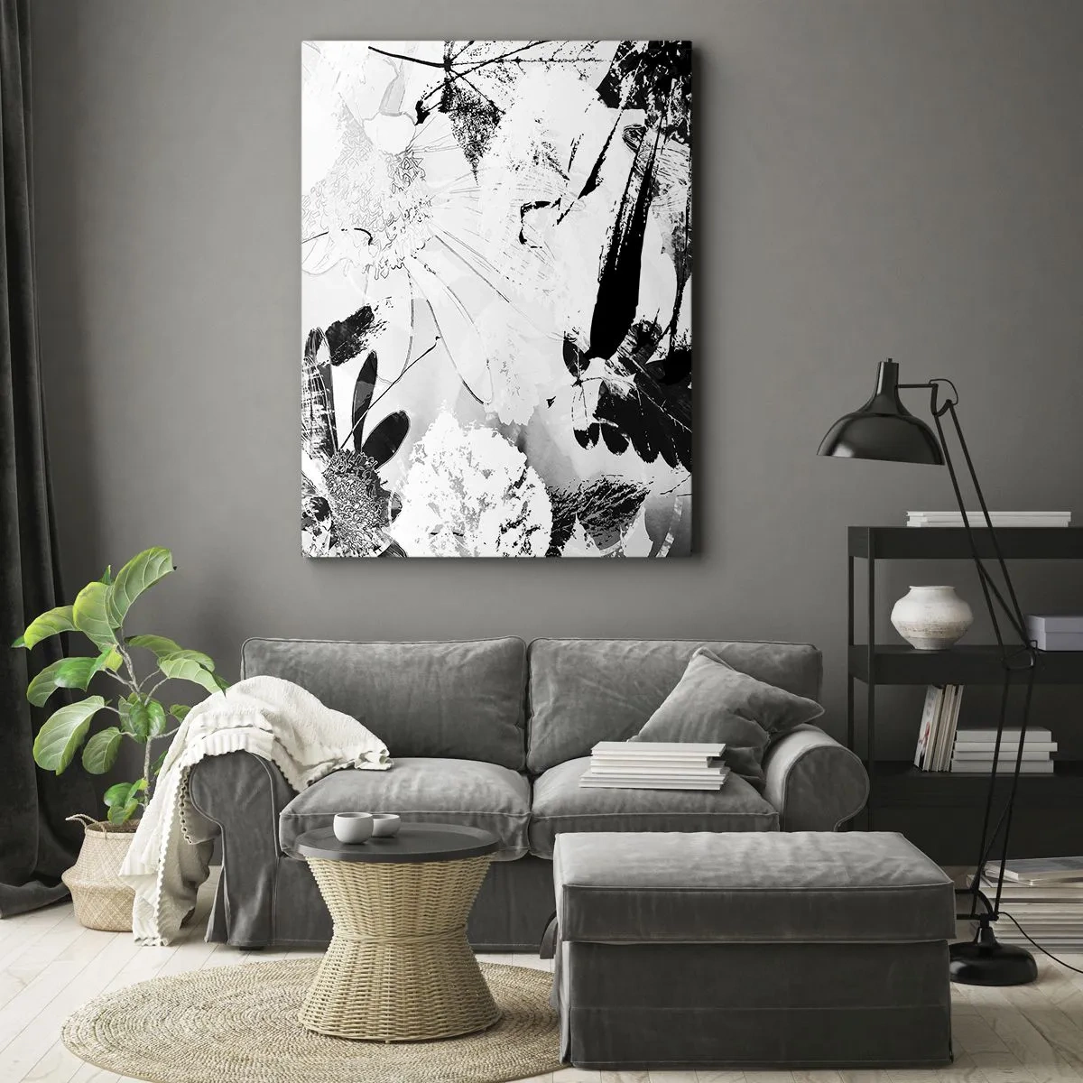 Obraz na płótnie - Abstrakcyjne czarno-białe motywy roślinne - 50x70cm - Jesień w negatywie - Nowoczesna dekoracja ścienna do salonu, kuchni i sypialni ARTTOR