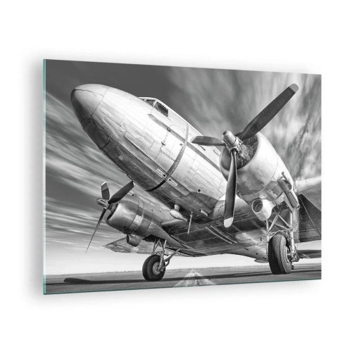 Obraz na szkle - Czarno-biały samolot z silnikami śmigłowymi na pasie startowym - 70x50cm - Zawsze gotowy do lotu - Nowoczesna dekoracja ścienna do salonu i sypialni ARTTOR