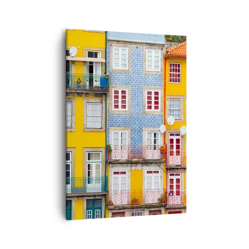Obraz na płótnie - Kolorowe fasady portugalskich kamienic z balkonami - 50x70cm - Barwy starego miasta - Nowoczesna dekoracja ścienna do salonu, kuchni i sypialni ARTTOR