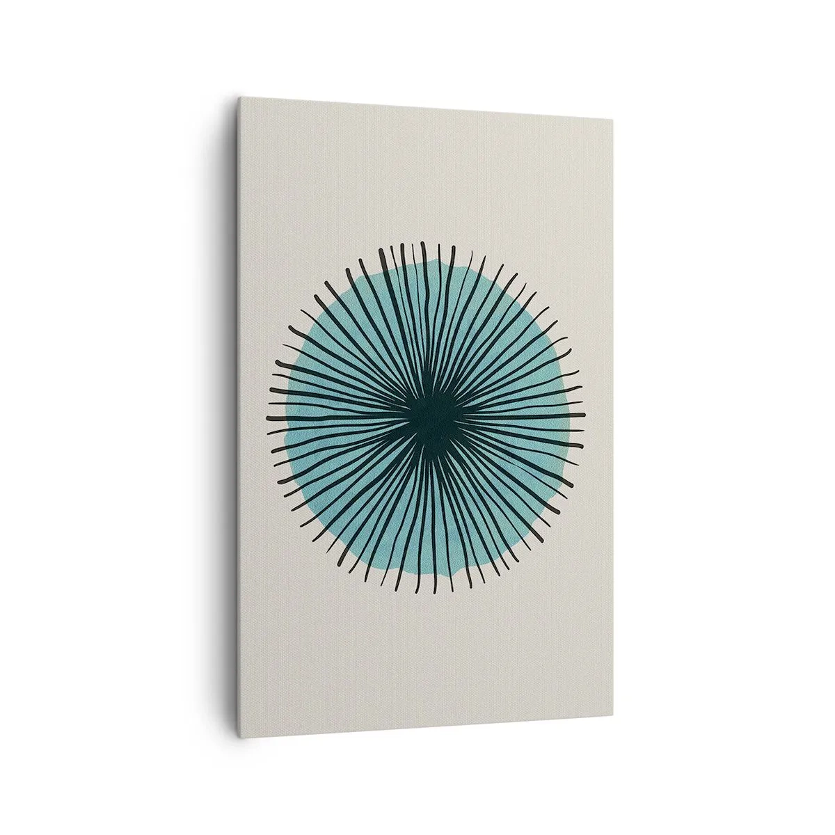 Obraz na płótnie - Abstrakcyjna forma w kształcie koła z promieniami w błękitach - 80x120cm - Promieniście na błękicie - Nowoczesna dekoracja ścienna do salonu i sypialni ARTTOR