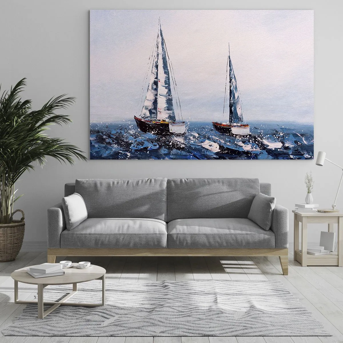 Obraz na szkle - Dwa jachty na wzburzonym morzu w malarskim stylu impresyjnym - 70x50cm - Braterstwo wiatru - Nowoczesna dekoracja ścienna do salonu i sypialni ARTTOR