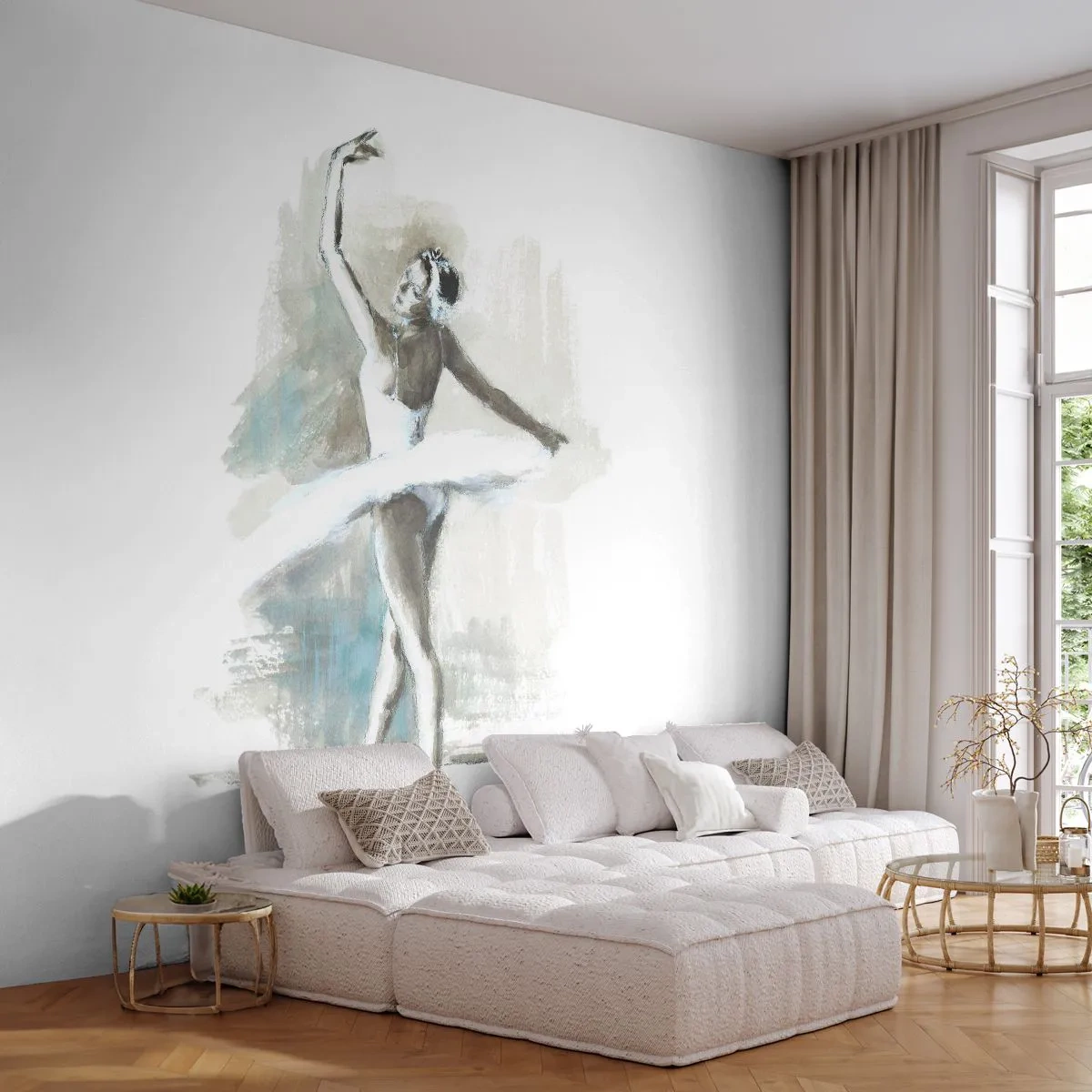 Fototapeta Premium Sand - Baletnica w pozie tanecznej w akwarelowym stylu - 100x70cm - Zaklęta w łabędzia - Nowoczesna dekoracja ścienna do salonu, kuchni i sypialni ARTTOR