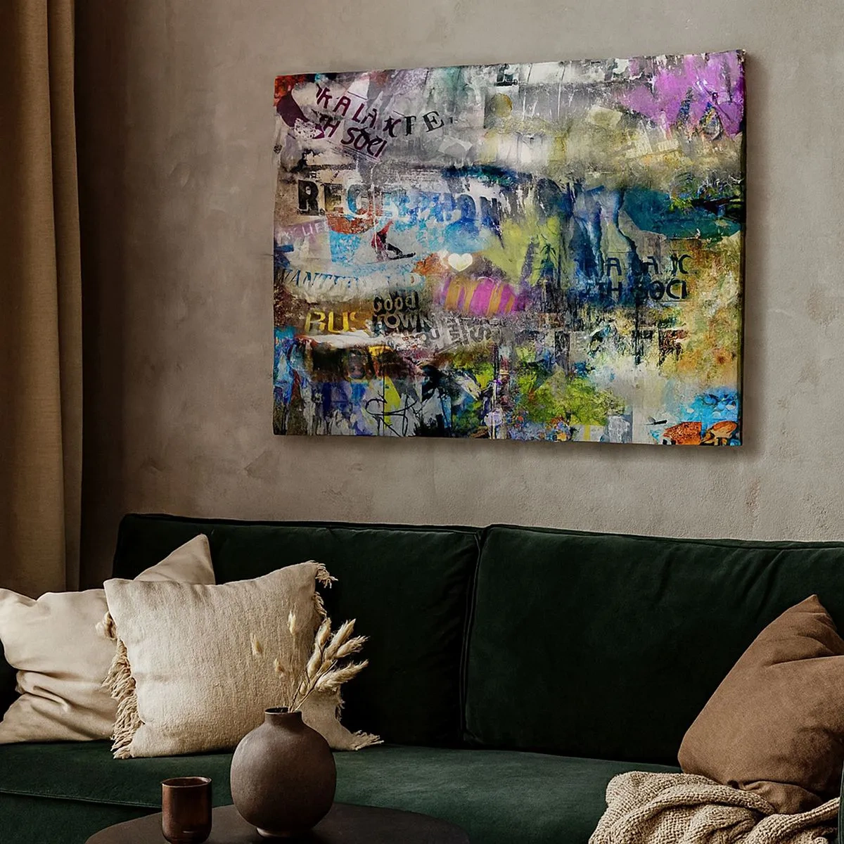 Obraz na płótnie - Abstrakcyjny kolaż z tekstami i różnorodnymi kolorami - 70x50cm - Kolaż wspomnień - Nowoczesna dekoracja ścienna do salonu i sypialni ARTTOR