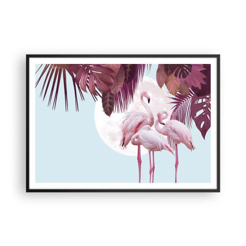 Plakat w czarnej ramie - Różowe flamingi na tle księżyca i tropikalnych liści - 100x70cm - Trzy ptasie gracje - Nowoczesna dekoracja ścienna do salonu i sypialni ARTTOR