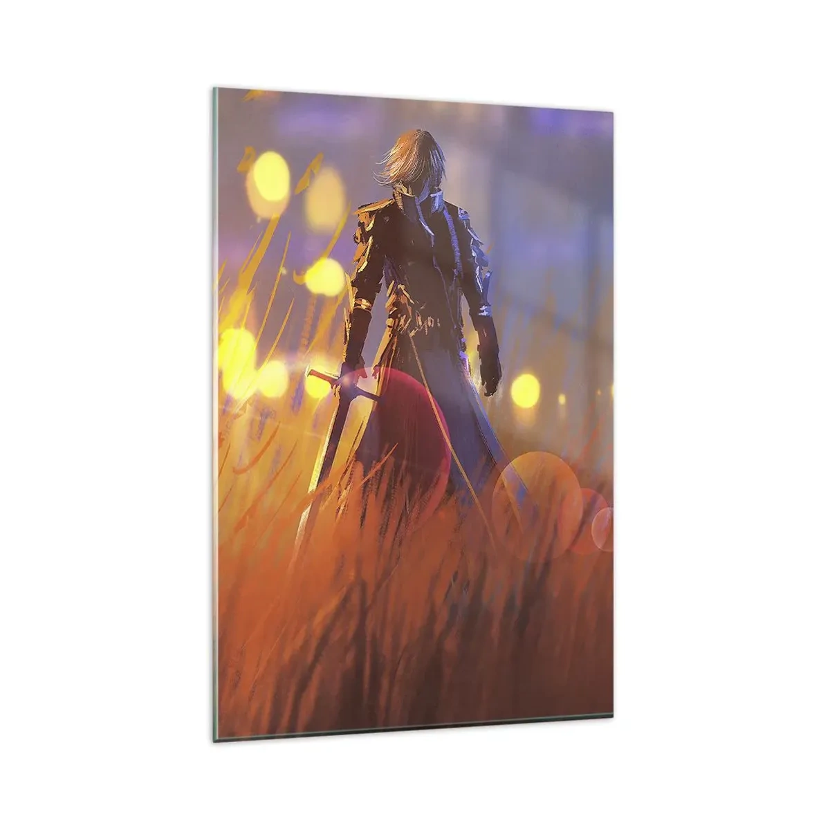 Obraz na szkle - Postać rycerza w świetle zachodzącego słońca w polu - 80x120cm - Błędny rycerz - Nowoczesna dekoracja ścienna do salonu i sypialni ARTTOR
