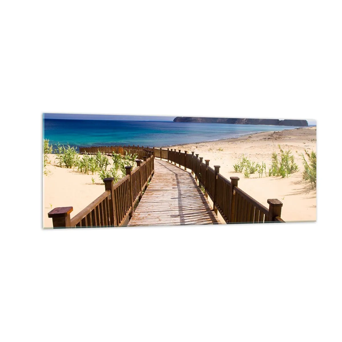 Obraz na szkle - Drewniana ścieżka prowadząca na plażę z widokiem na ocean - 140x50cm - Zabierz mnie na wyspy szczęśliwe - Nowoczesna dekoracja ścienna do salonu i sypialni ARTTOR