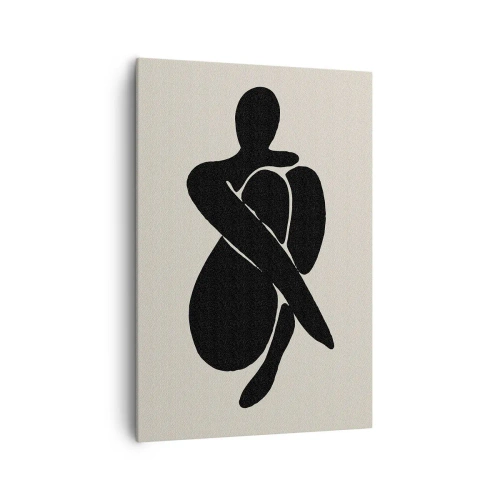 Obraz na płótnie - Minimalistyczna sylwetka osoby w abstrakcyjnej pozie na jasnym tle - 70x100cm - We własnych objęciach - Nowoczesna dekoracja ścienna do salonu i sypialni ARTTOR
