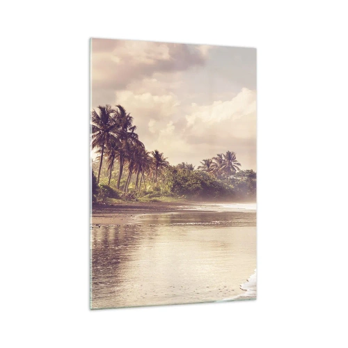 Obraz na szkle - Plaża z palmami i delikatnymi falami o poranku - 70x100cm - Pieszczota fal - Nowoczesna dekoracja ścienna do salonu i sypialni ARTTOR