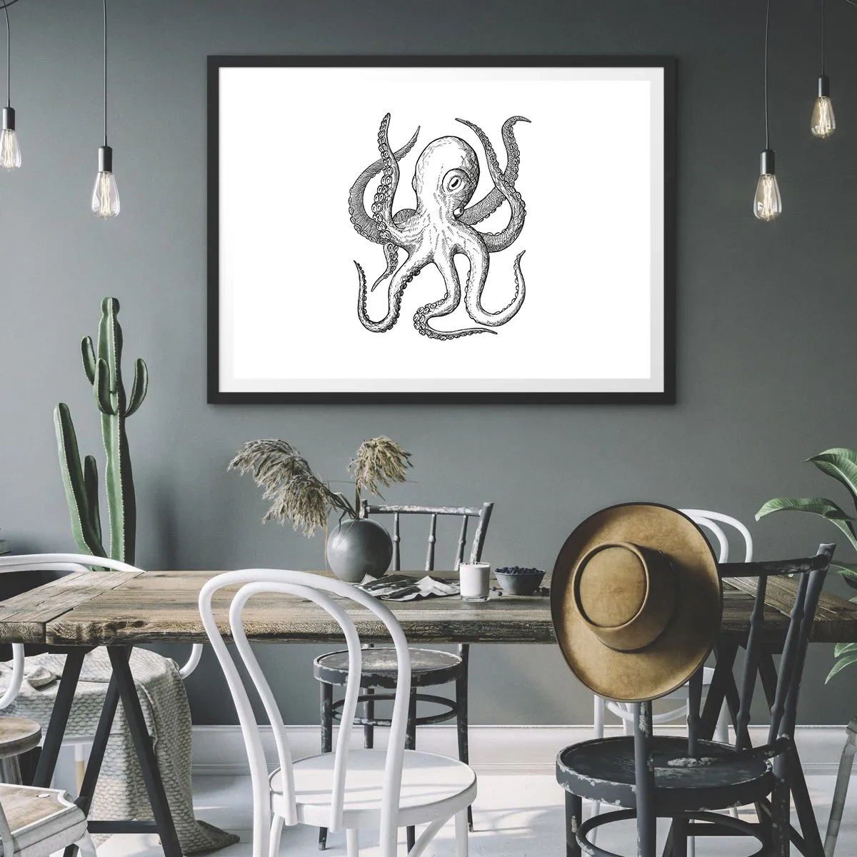 Plakat w czarnej ramie - Czarno-biały rysunek ośmiornicy na białym tle w stylu vintage - 70x50cm - Tańcząca z falami - Nowoczesna dekoracja ścienna do salonu i sypialni ARTTOR