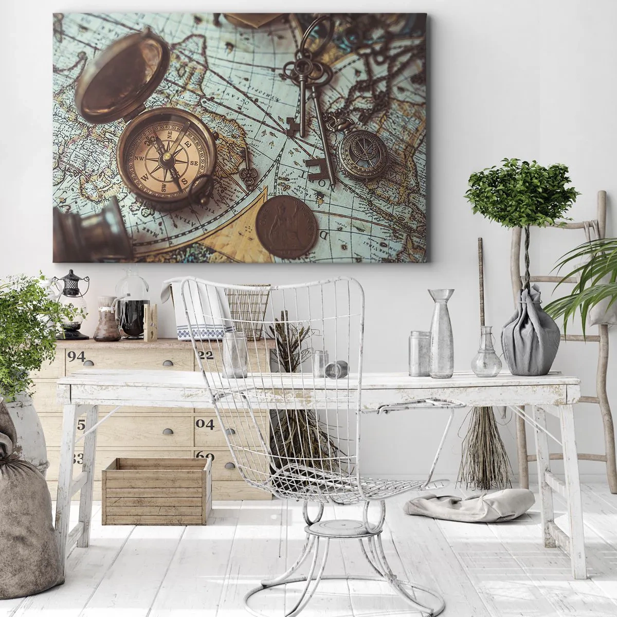Obraz na płótnie - Kompozycja z kompasem, kluczami i starą mapą w stylu retro - 70x50cm - Dla poszukiwacza przygód - Nowoczesna dekoracja ścienna do salonu i sypialni ARTTOR