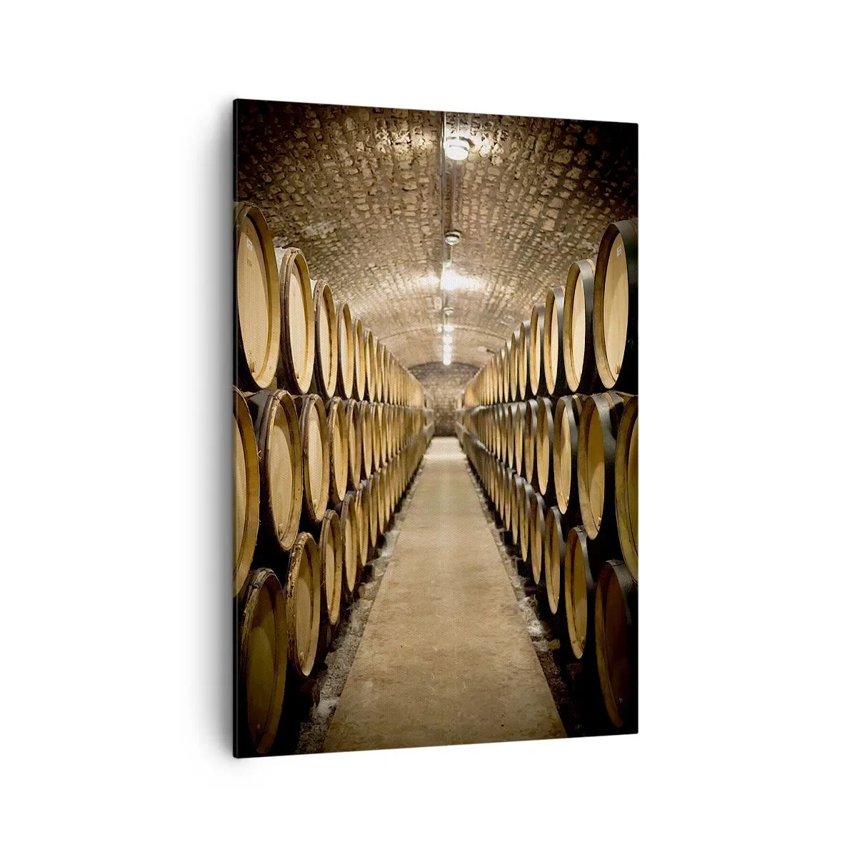 Obraz na płótnie - Piwnica z beczkami wina ustawionymi w rzędach pod ceglanym sklepieniem - 70x100cm - W murowanej piwnicy - Nowoczesna dekoracja ścienna do salonu i sypialni ARTTOR