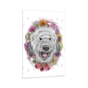 Obraz na szkle - Pies w otoczeniu kolorowych kwiatów - 70x100cm - Szczenięca radość - Nowoczesna dekoracja ścienna do salonu i sypialni ARTTOR