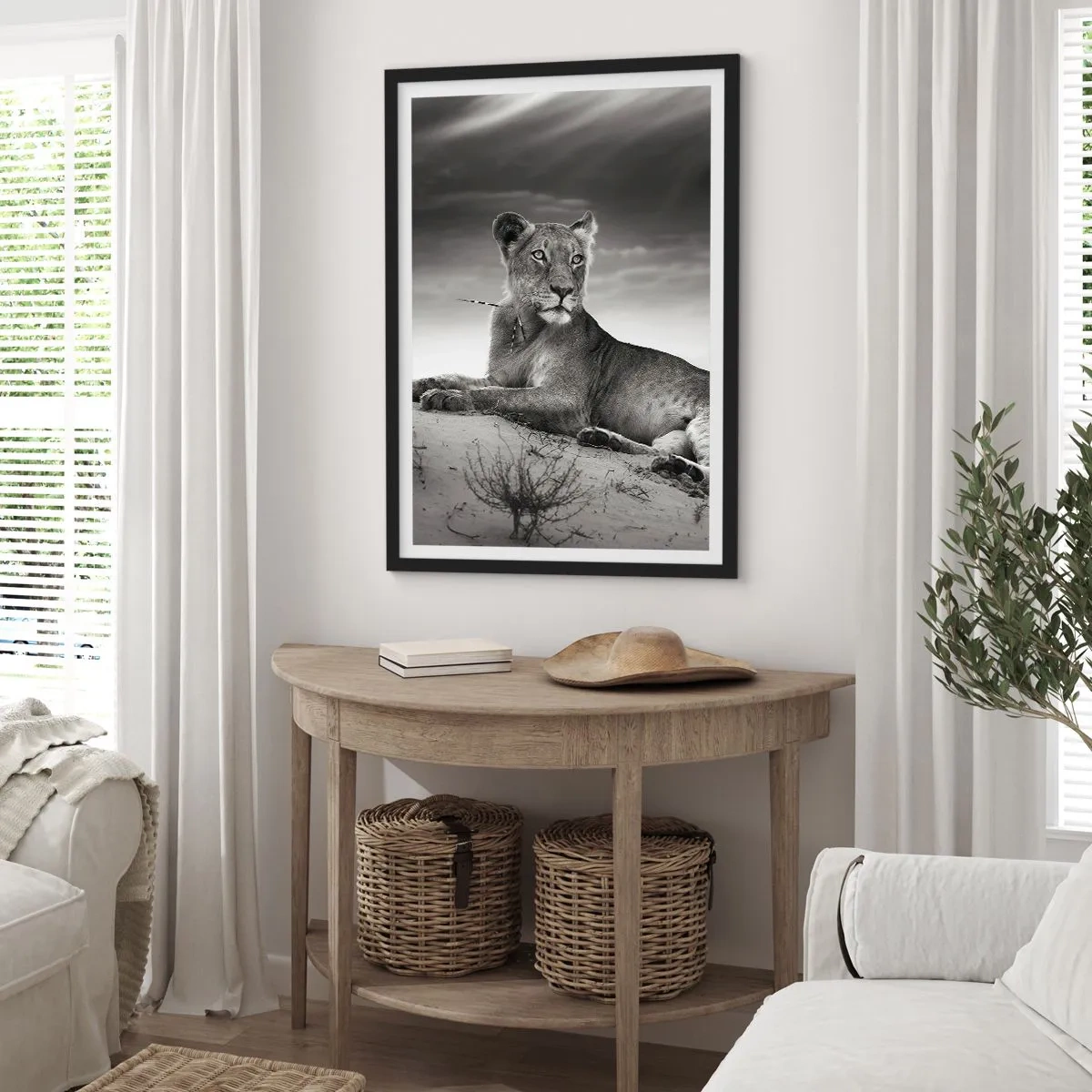 Plakat w czarnej ramie - Czarno-biały portret lwa odpoczywającego na pustyni - 50x70cm - Odpoczynek królowej pustyni - Nowoczesna dekoracja ścienna do salonu i sypialni ARTTOR