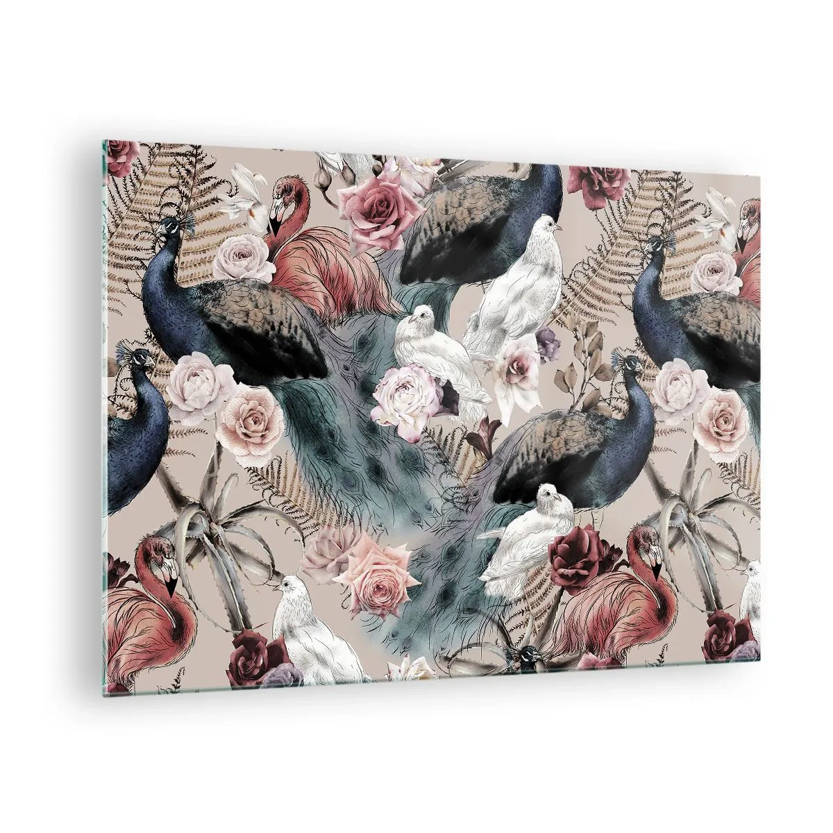 Obraz na szkle - Pawie i flamingi w otoczeniu róż i paproci - 70x50cm - W pałacowym ogrodzie - Nowoczesna dekoracja ścienna do salonu i sypialni ARTTOR