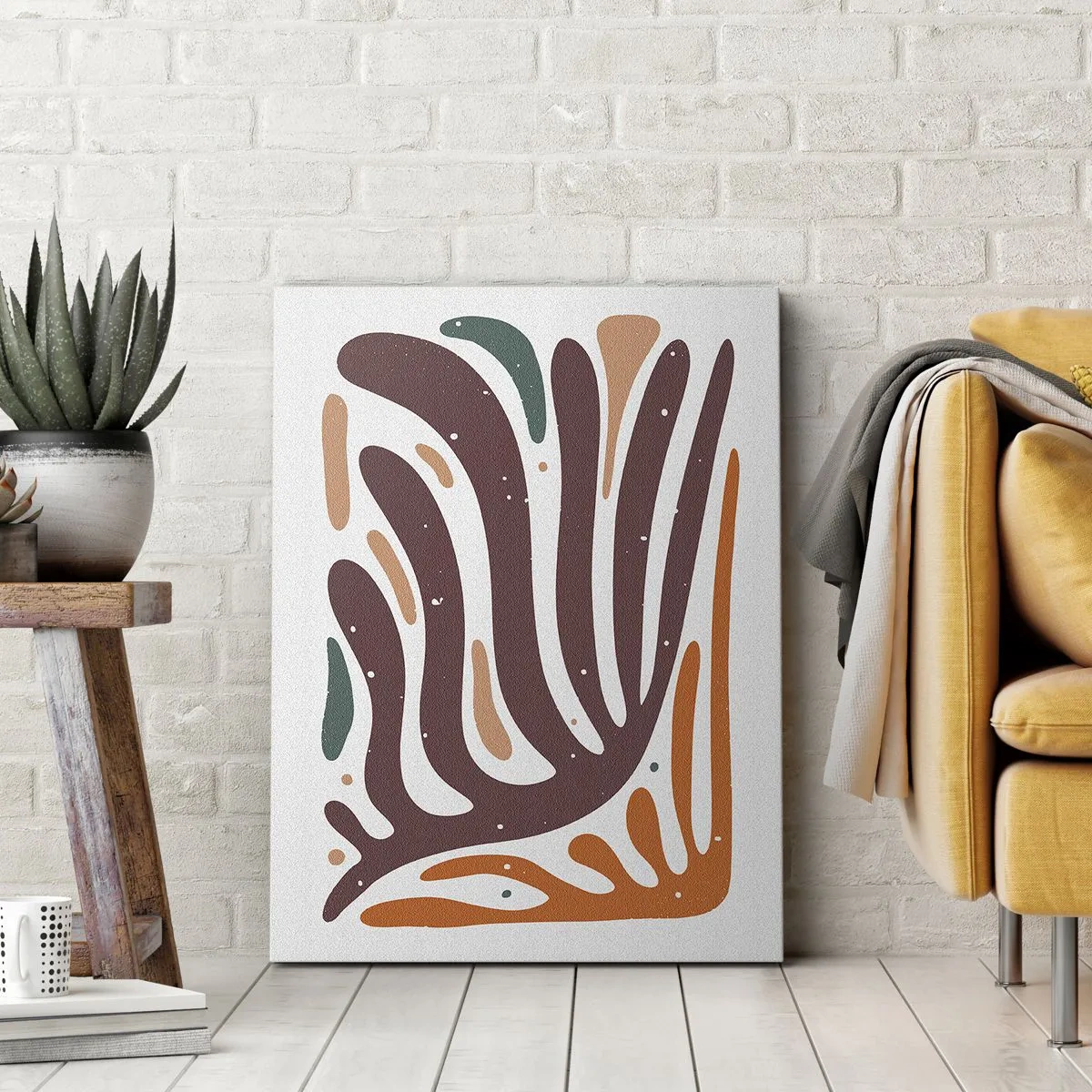 Obraz na płótnie - Organiczna abstrakcja w odcieniach brązu, pomarańczu i zieleni - 50x70cm - Kompozycja organiczna promienista - Nowoczesna dekoracja ścienna do salonu, kuchni i sypialni ARTTOR