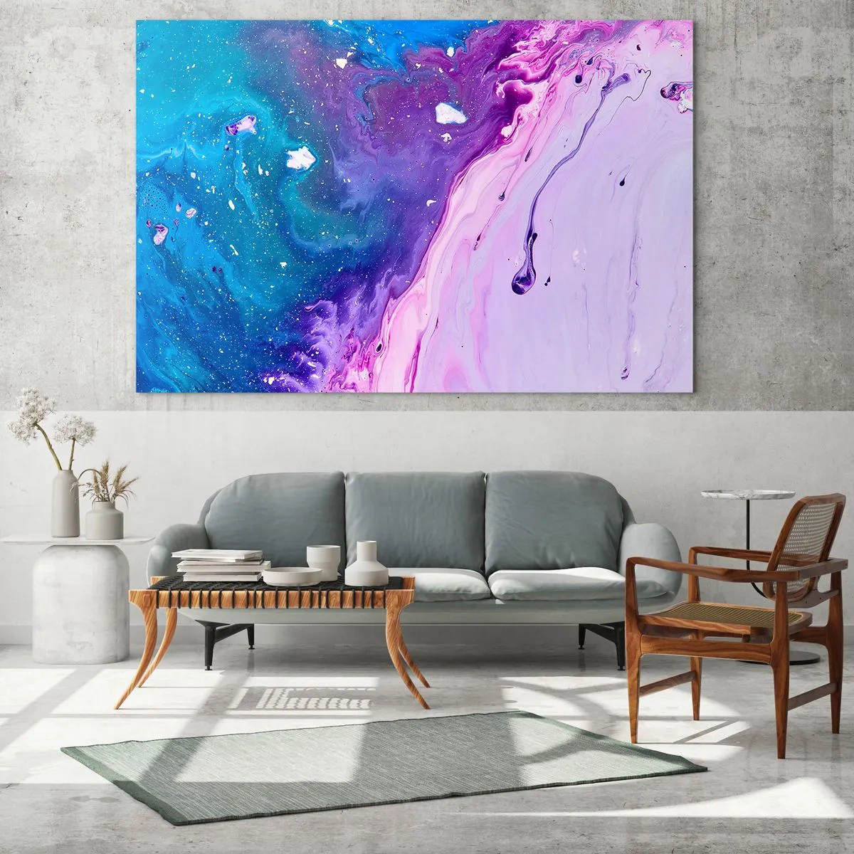 Obraz na szkle - Abstrakcyjna kompozycja z mieszanką fioletowych, niebieskich i różowych barw - 70x50cm - Yin i yang - Nowoczesna dekoracja ścienna do salonu i sypialni ARTTOR