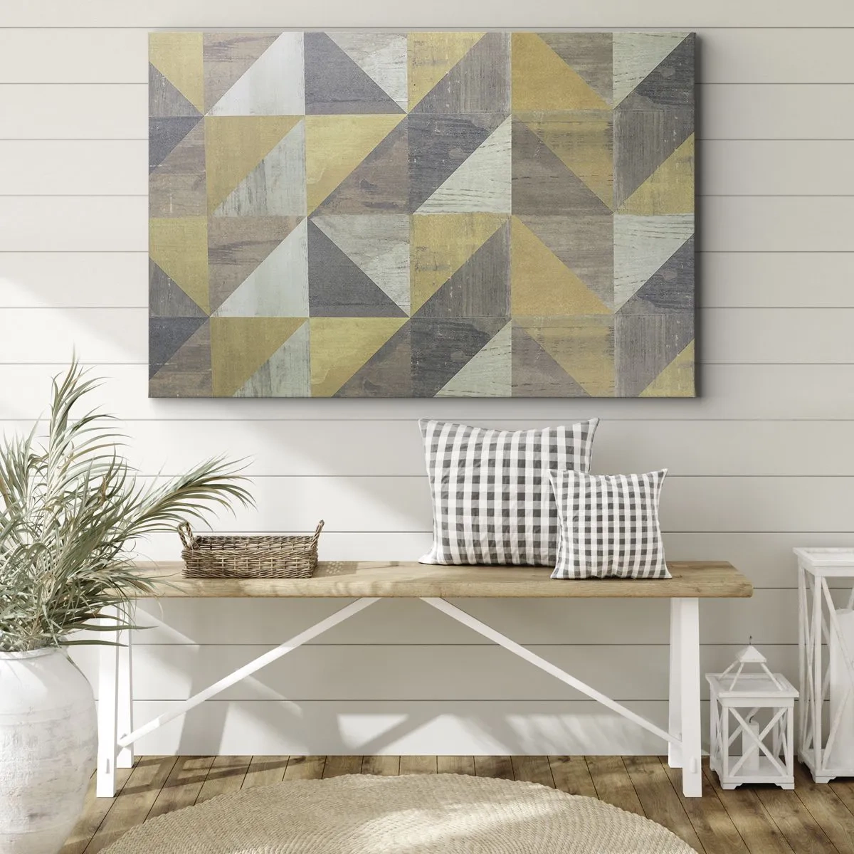 Obraz na płótnie - Geometryczna kompozycja trójkątów w odcieniach ziemi - 70x50cm - Pod kątem trójkąta - Nowoczesna dekoracja ścienna do salonu i sypialni ARTTOR