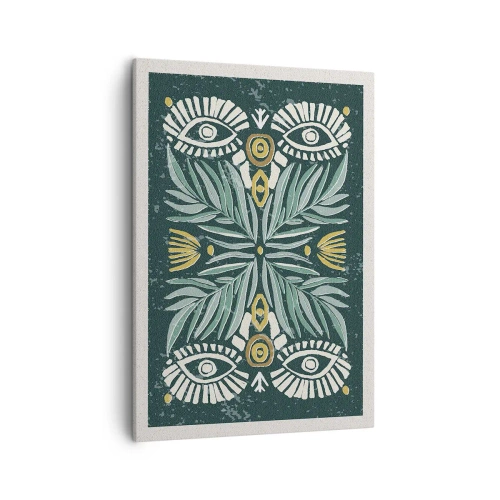 Obraz na płótnie - Symetryczny wzór z liśćmi, oczami i geometrycznymi kształtami w stylu ludowym - 50x70cm - Jak ludowa wycinanka - Nowoczesna dekoracja ścienna do salonu, kuchni i sypialni ARTTOR