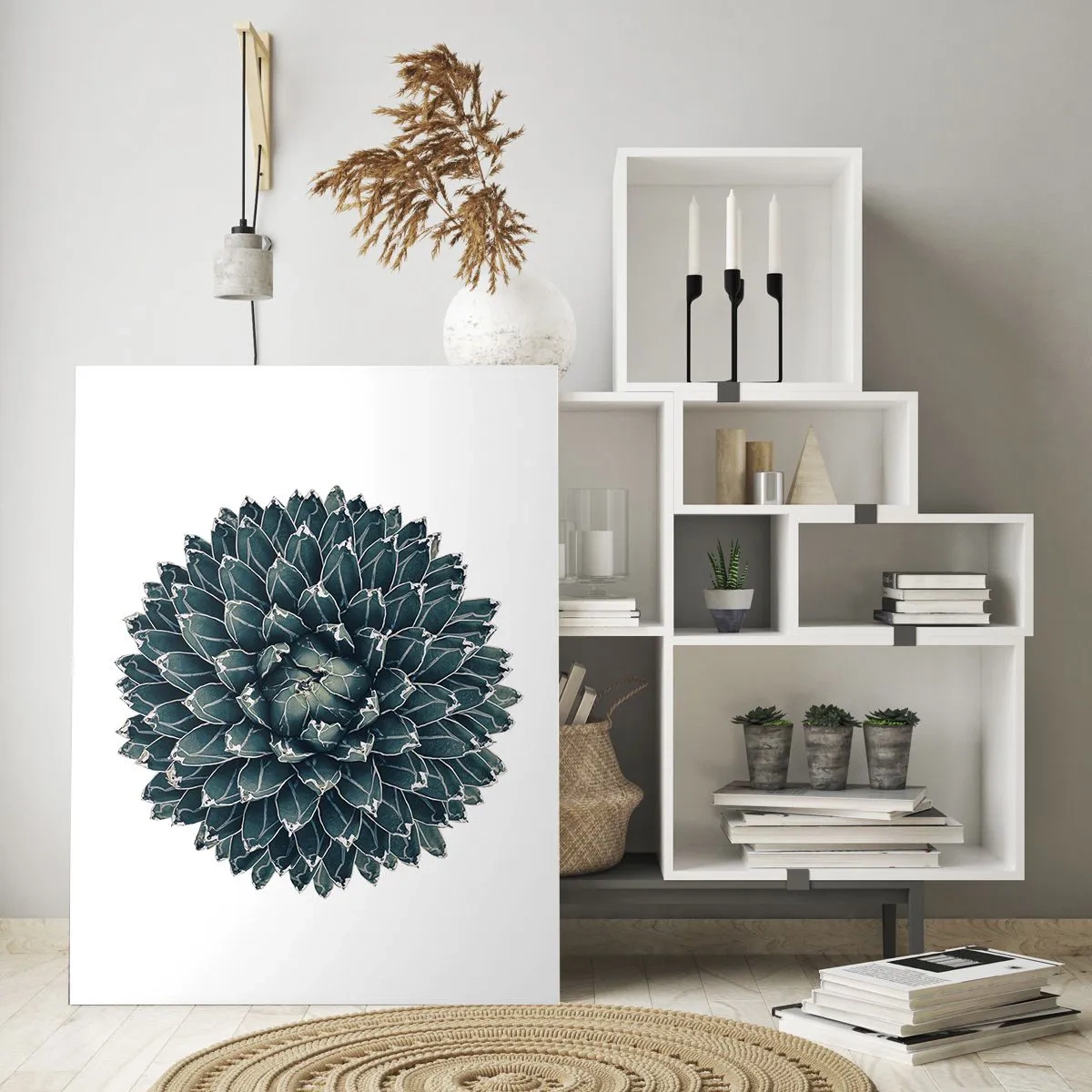 Obraz na szkle - Symetryczny wzór rośliny sukulenta na białym tle - 50x70cm - Gwiazda pustyni - Nowoczesna dekoracja ścienna do salonu, kuchni i sypialni ARTTOR