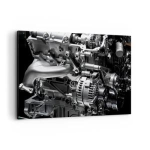 Obraz na płótnie - Metalowe części silnika w zbliżeniu na czarnym tle - 120x80cm - Stalowy, piękny, silny - Nowoczesna dekoracja ścienna do salonu, kuchni i sypialni ARTTOR