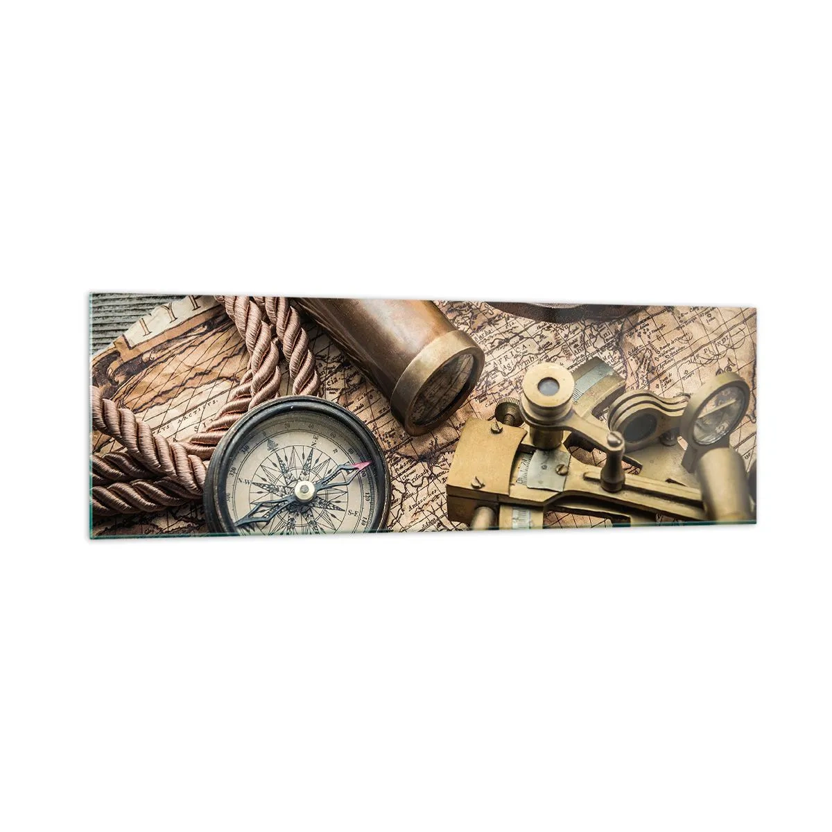 Obraz na szkle - Kompas, sekstant i luneta na tle starej mapy i liny żeglarskiej - 160x50cm - Wyznacz kurs - Nowoczesna dekoracja ścienna do salonu i sypialni ARTTOR