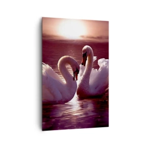 Obraz na płótnie - Dwa łabędzie na spokojnym jeziorze o zachodzie słońca - 80x120cm - Aż śmierć nas nie rozłączy - Nowoczesna dekoracja ścienna do salonu i sypialni ARTTOR