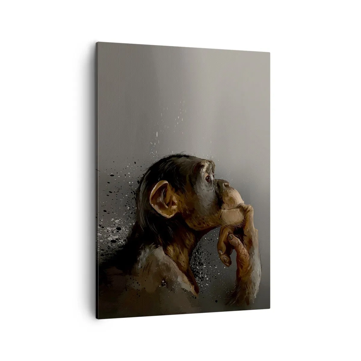 Obraz na płótnie - Zamyślona małpa na szarym tle - 50x70cm - Z pewnością myśliciel - Nowoczesna dekoracja ścienna do salonu, kuchni i sypialni ARTTOR