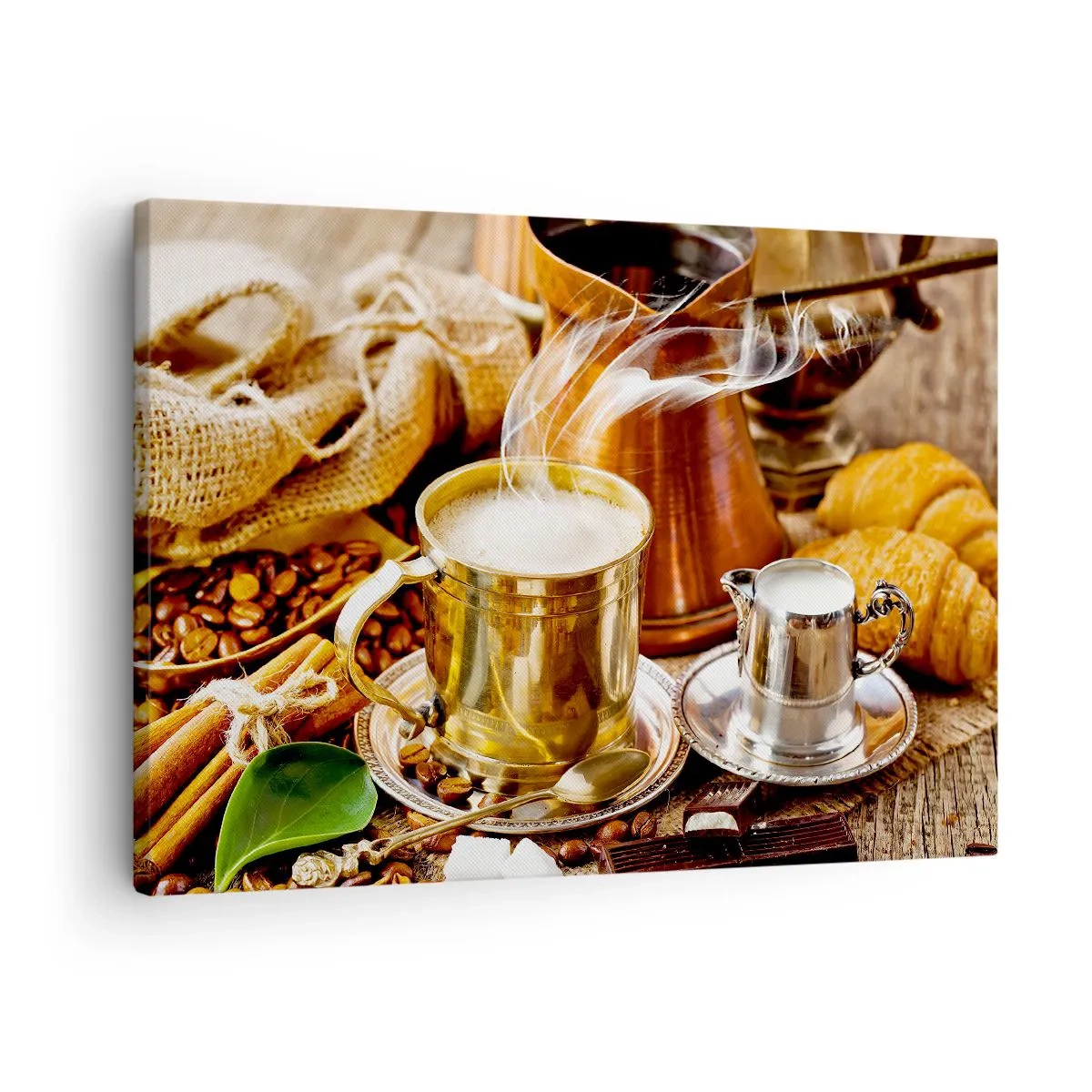 Obraz na płótnie - Złoty kubek z kawą w otoczeniu ziaren, dzbanuszków i croissantów - 70x50cm - Miłego dnia! - Nowoczesna dekoracja ścienna do salonu i sypialni ARTTOR